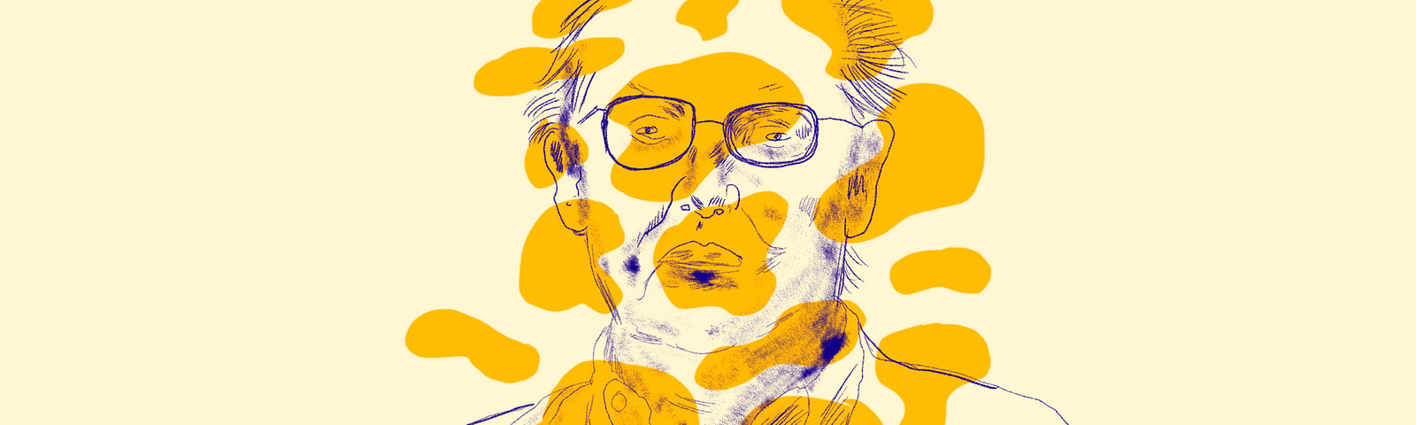 abstract portrait of concerned man wearing glasses with pastel colors including yellow.