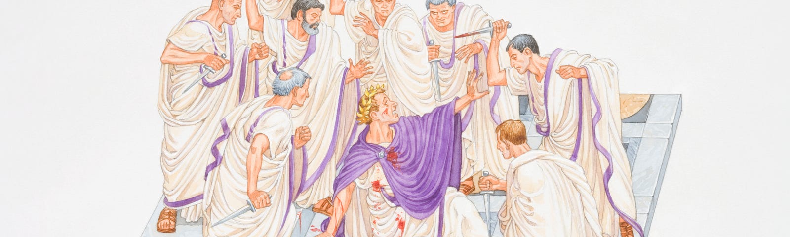 An illustration of Julius Caesar collapsed, wounded, amidst a group of Romans brandishing daggers.