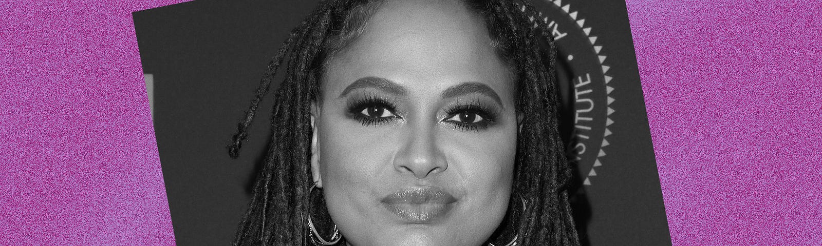 Black and white photo of Ava Duvernay against a violet background.