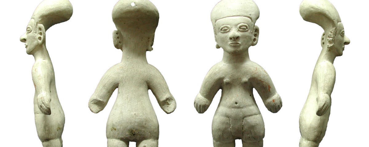 Side, back, and front views of a figurine of a person with wide hips and a relatively flat chest.