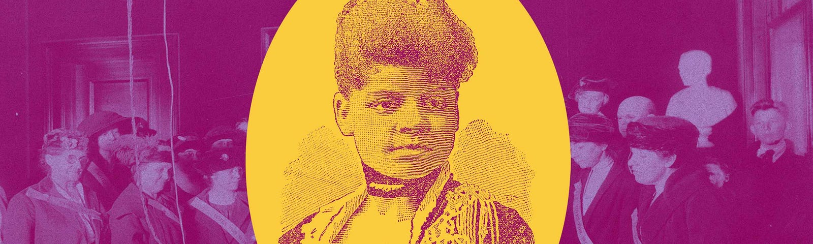 Photo illustration of a portrait of Ida B. Wells against a background image of women voters.