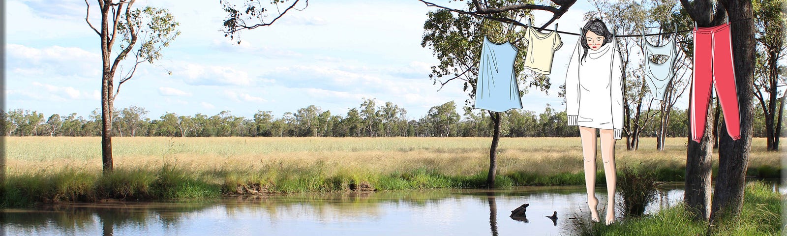 A woman hangs with clothes on a line across a billabong