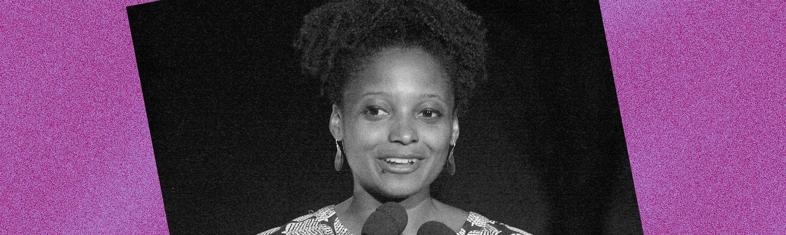 Black and white photo of Tracy K. Smith against a violet background.