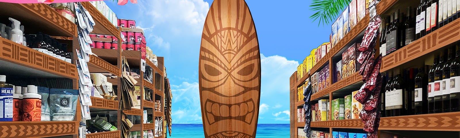 A photo illustration of a Trader Joe’s supermarket aisle with a tiki-print surfboard in the middle of the aisle.