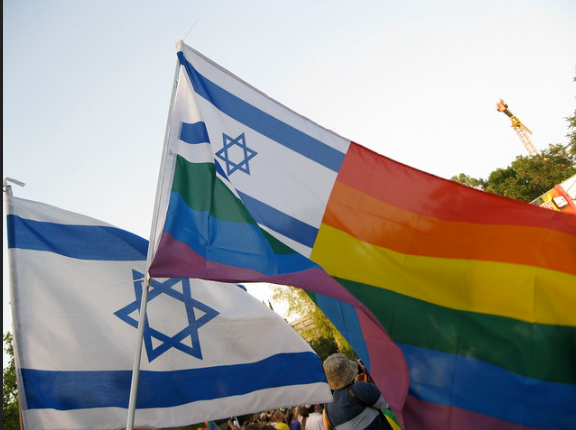 Israeli and Rainbow flags combining Star of David with LGBT iconography