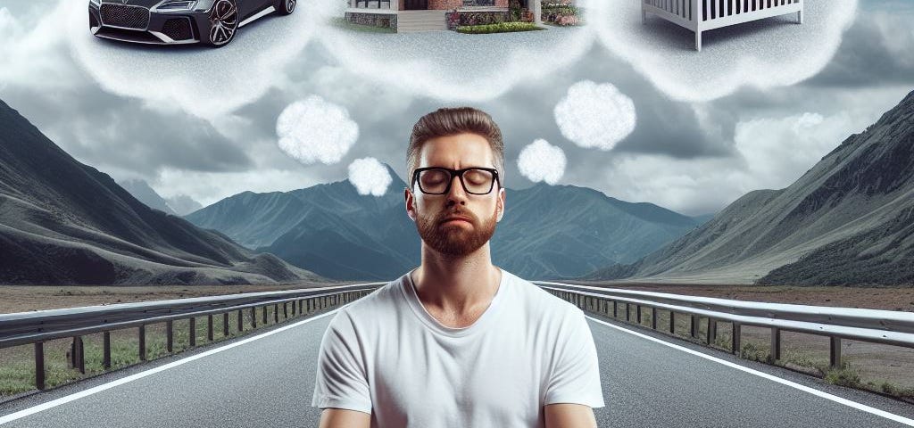 White man sitting in middle of highway in a yoga pose, with cloud bubbles over his head thinking about a luxury home, house, and baby crib