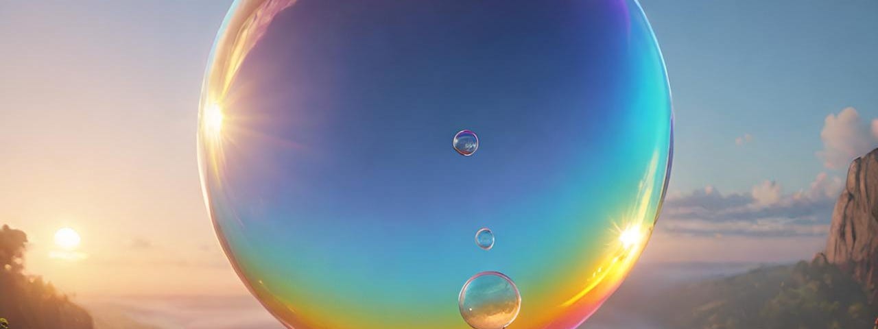 A floating multicolored bubble over water, a sunrise to the left reflects through