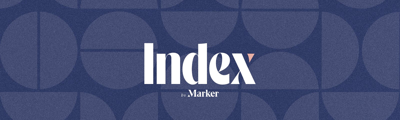 “Index by Marker” in a white logo design on a navy blue background with a pattern of bifurcated blue circles going across the image.