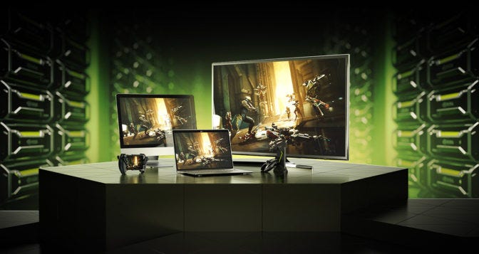 A product shot of GeForce Now, Nvidia’s new game streaming platform gameplay, with gameplay across different screens.