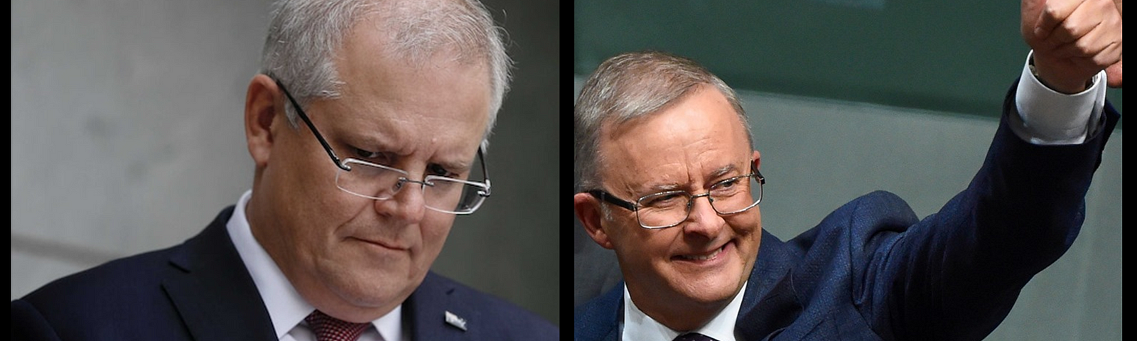 A composite image of Prime Minister Scott Morrison (left) and Opposition Leader Anthony Albanese (right). Morrison looks down and to the left, and is frowning. Albanese is smiling, looking up, and giving a thumbs-up high in the air. Both men are wearing suits and glasses.