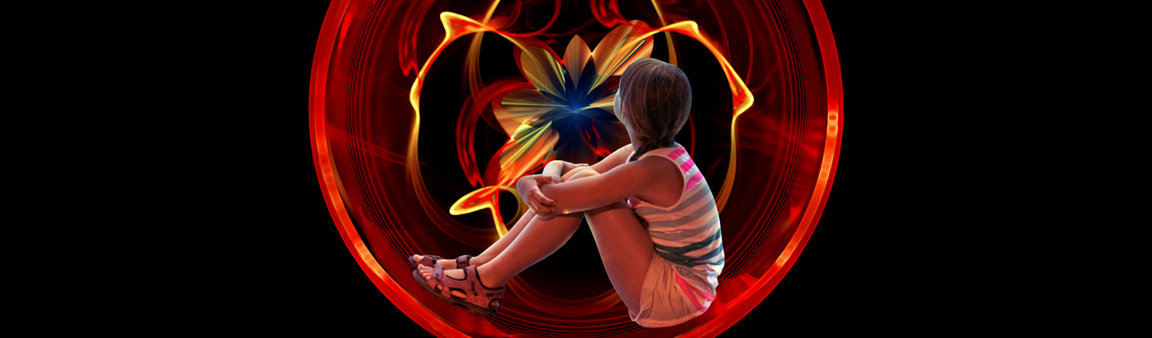 A child hugs their knees to their chest, photoshopped into a large, red and orange circular fractal.