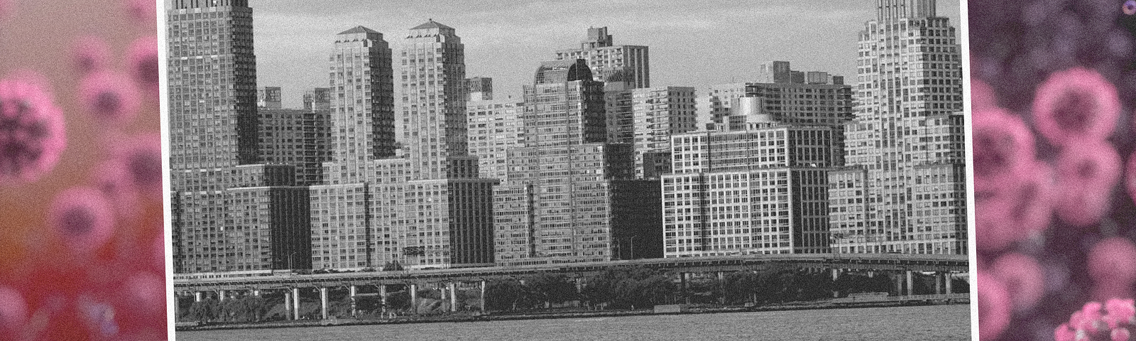 A photograph of NYC skyline with coronavirus particles in the background.