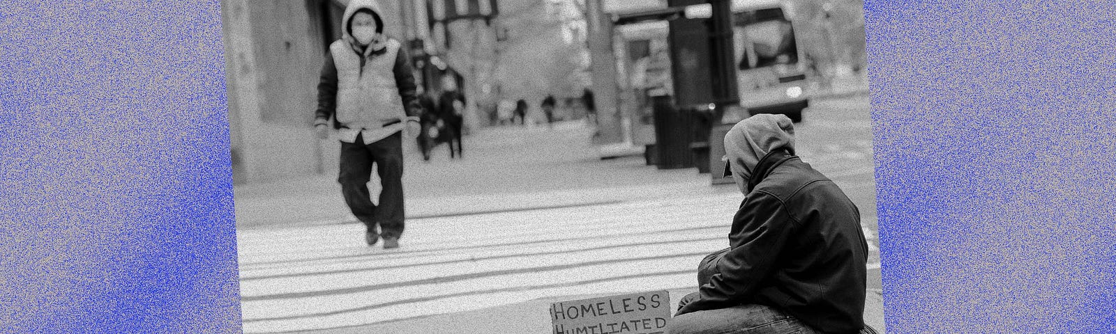 A photo of a homeless person on the street against a blue background with grey spray paint effect.