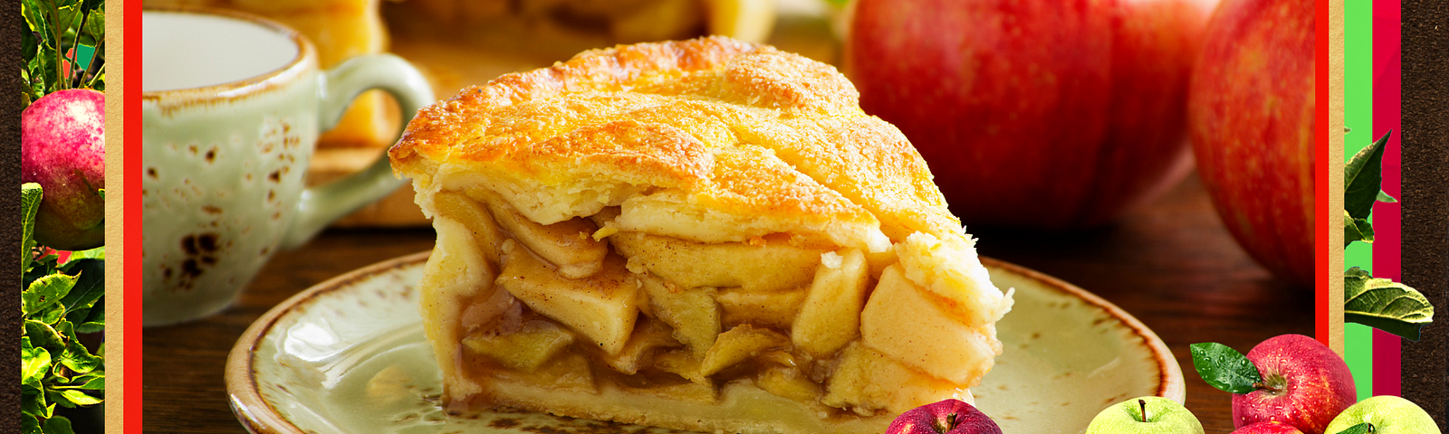 Slice of apple pie on plate with whole apples in the corner