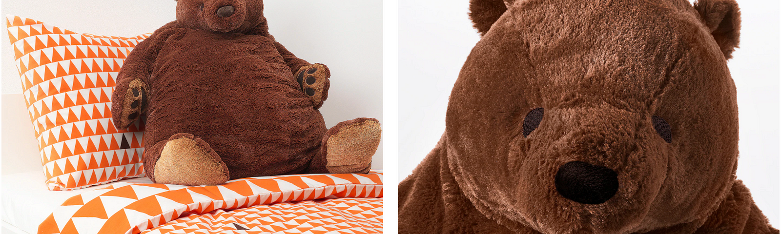 2 panels with a large, round, dark-brown teddy bear. On the left, one sits on a bed; on the right is a closeup of one’s face.