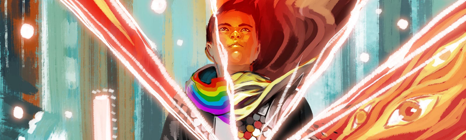 Interior art from Die: The RPG. A young man stand both in the real and fantasy world. His real world self wears a white t-shirt, black pants and leather jacket, and a rainbow scarf. His fantasy self wears silver, copper, and gold scale mail armor and a gold scarf. An 8-sided die floats over his open hand, sending out “tears” in the fabric of reality, revealing his fantasy self. He looks up at a flaming sword, with eyes in the flames, floating above him in the fantasy world.