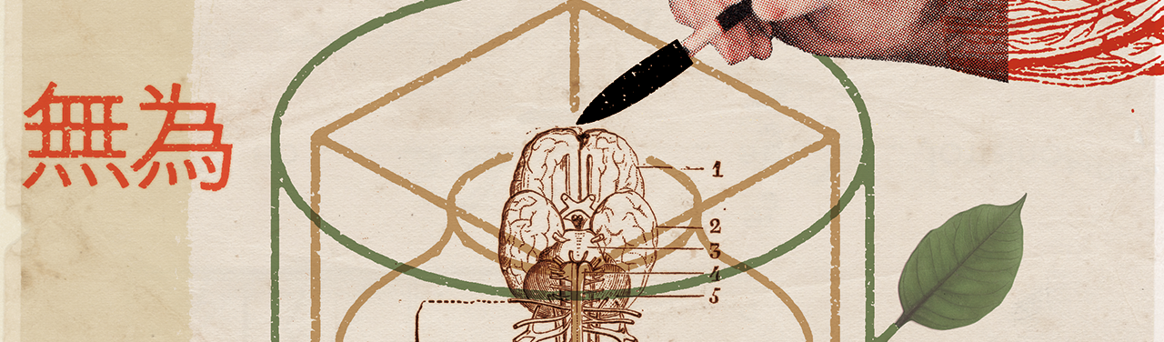 Photocollage of a hand holding a scalpel above an illustrated brain, all next to Chinese characters