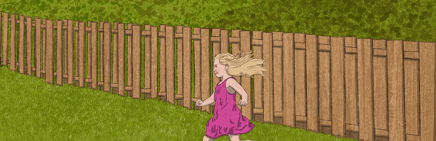 Illustration of a child running in a fenced-in backyard, the San Francisco skyline visible in the far distance.