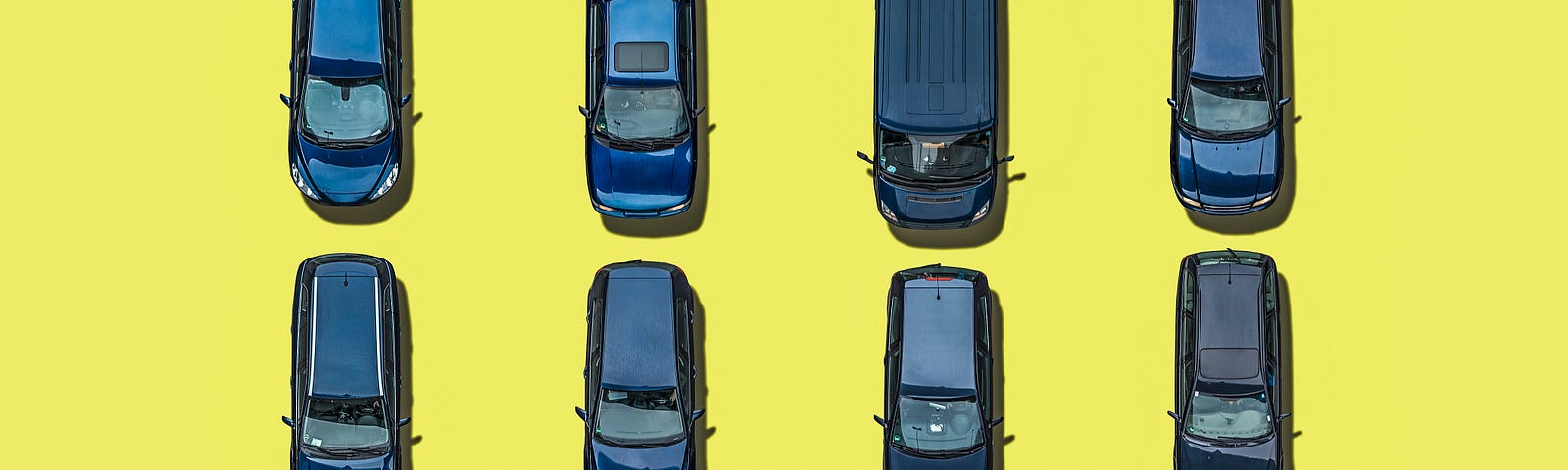 An aerial view of 16 blue cars on yellow background.