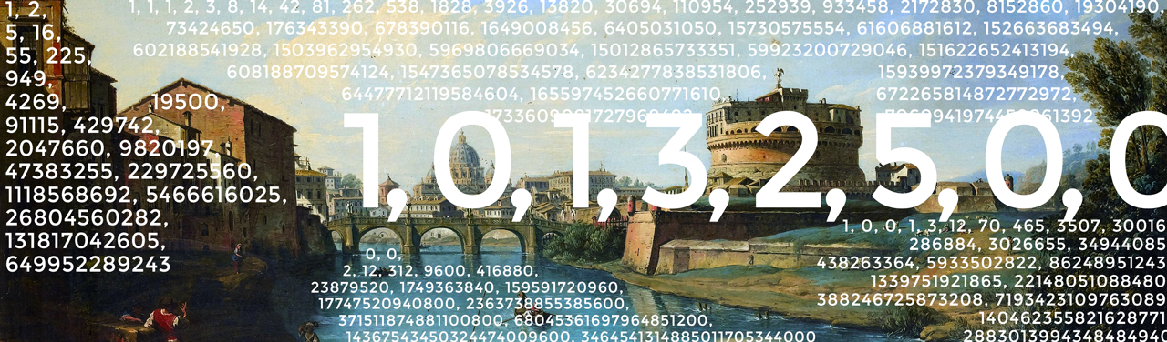 An antique painting of a bridge over a city canal overlaid with many strings of seemingly random integers.