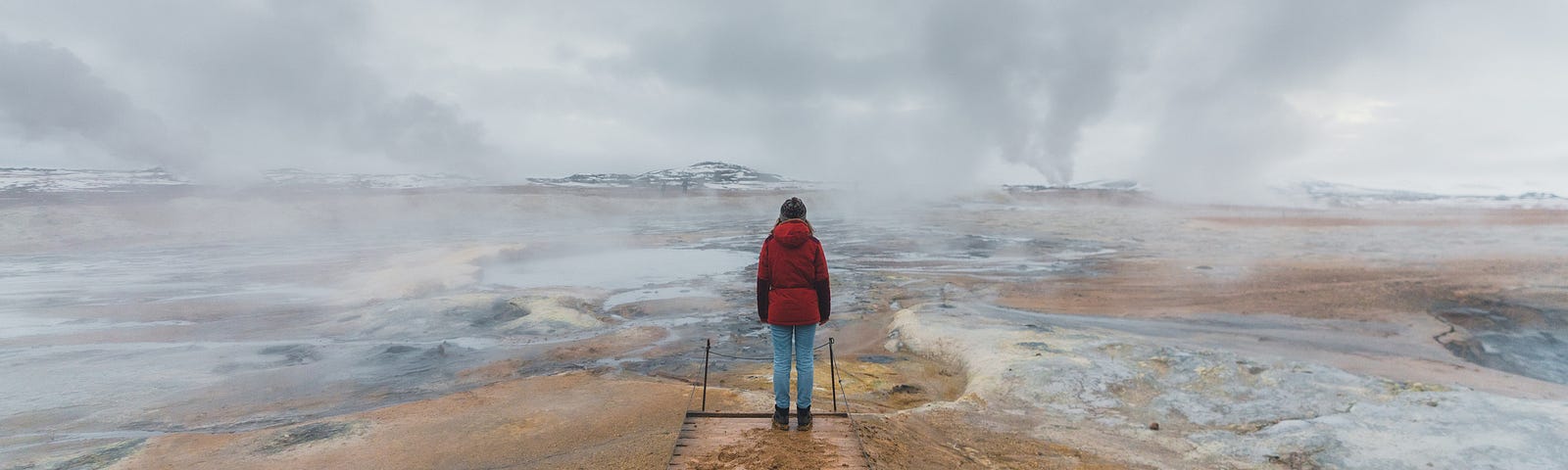 A photo of a person standing, back to the camera, in a desolate landscape. It is gloomy and looks cold.
