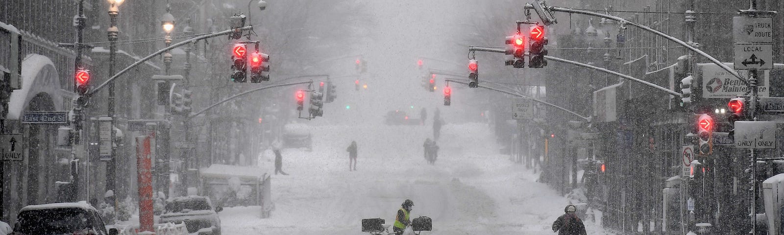 A snow covered street in midtown during a winter storm on February 1, 2021 in New York City.