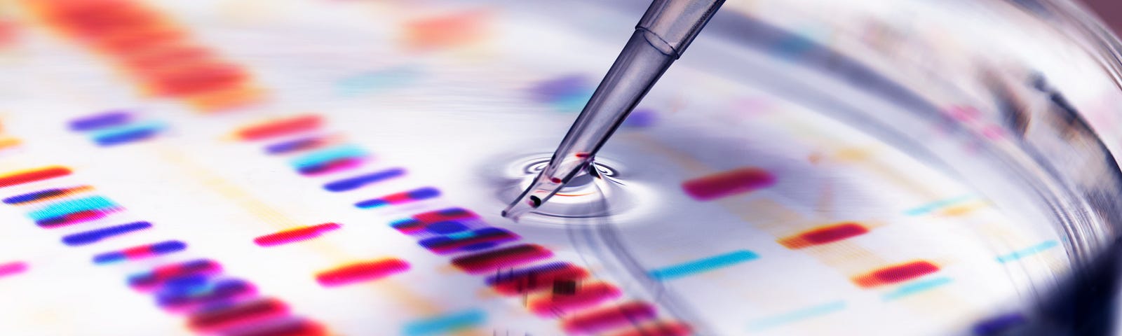 A pipette adds a sample to petri dish with DNA profiles in background.