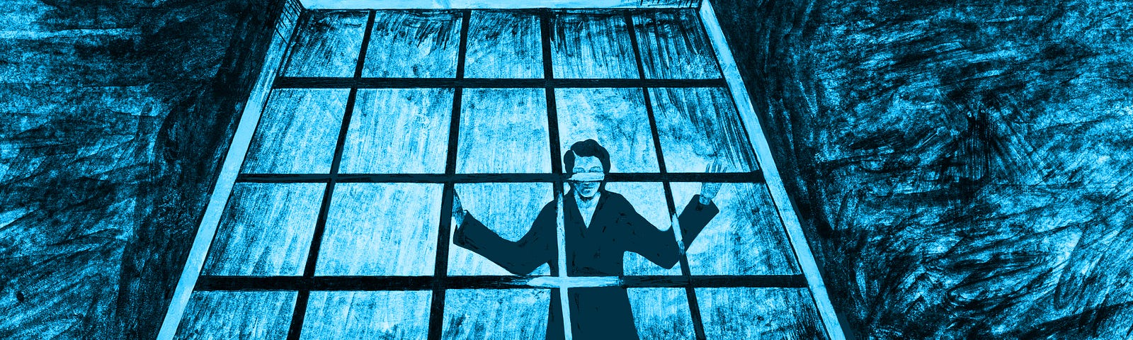 Blue-colored illustration of a person looking out froma prison cell.