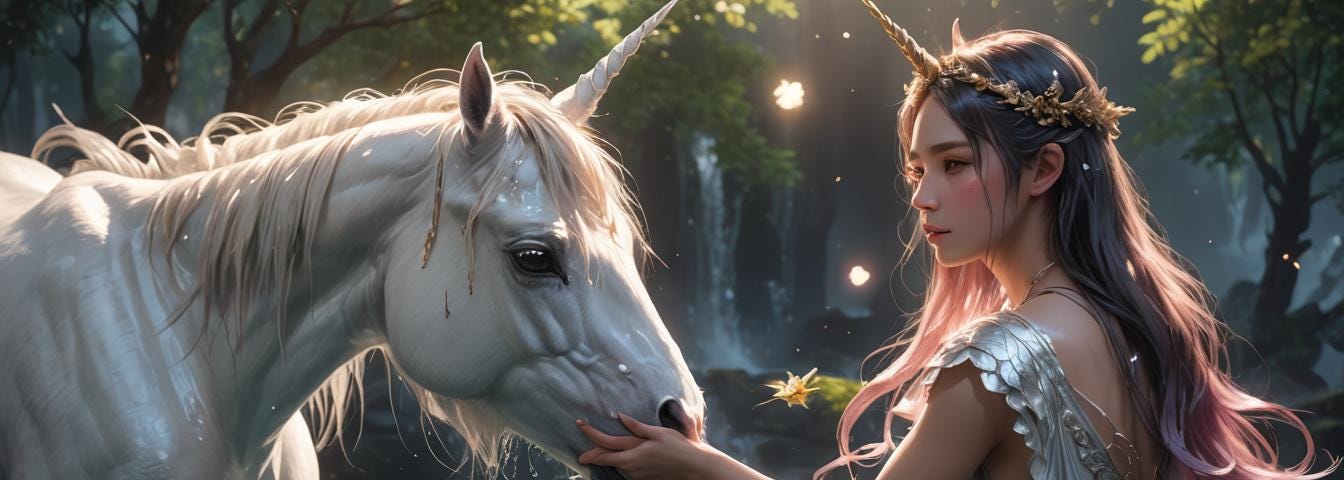 A beautiful woman with a tiara and a unicorn horn, gently holds the muzzle of a unicorn. Both are standing in water.