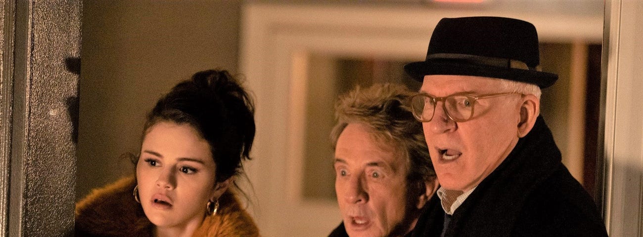 From left to right: Selena Gomez, Martin Short, and Steve Martin in “Only Murders in the Building.”