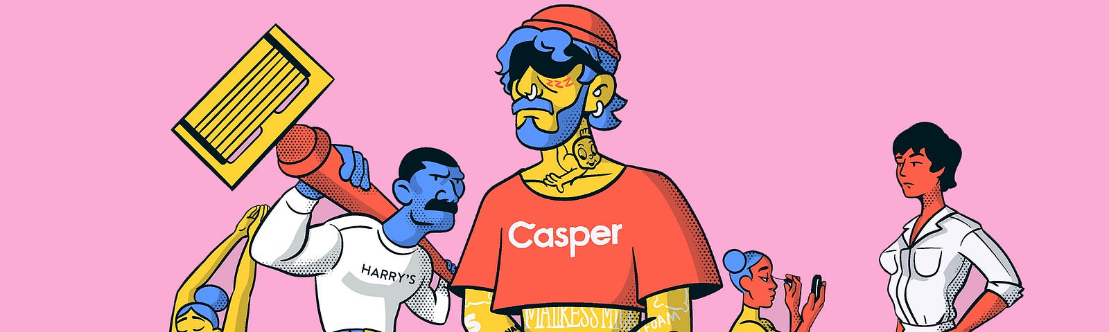 An illustration with different characters representing direct-to-consumer startups such as Casper, Harry’s, Away, Brandless.