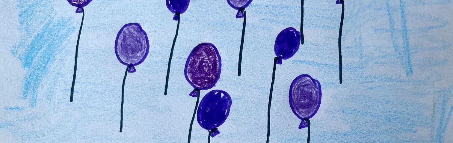 A child’s illustration of purple balloons floating in a blue sky.