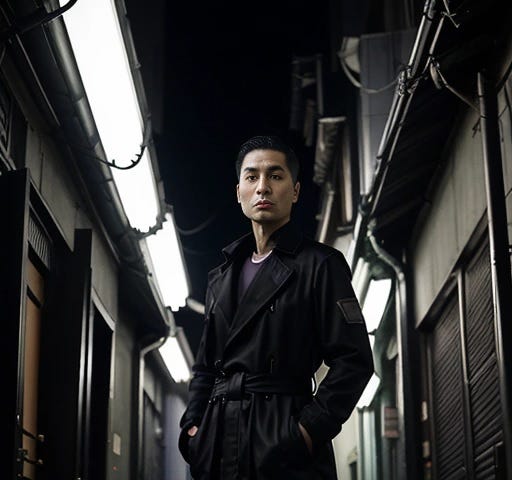 A mixed-race man in a black trenchcoat, standing in a rainy alley in a large city of the distant future.