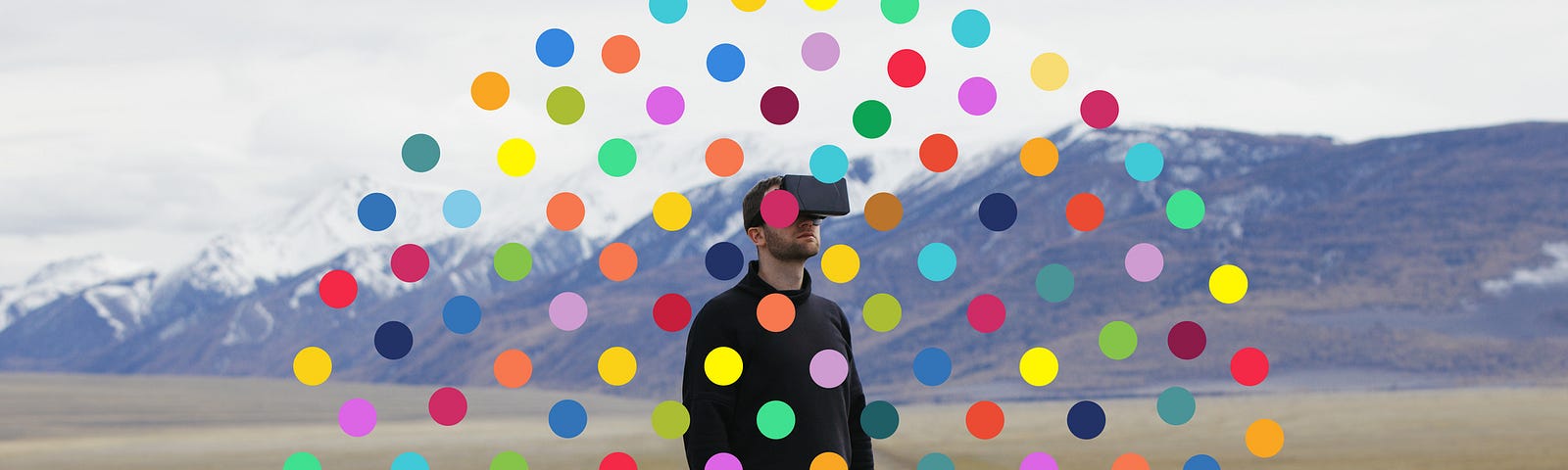 A man wearing a virtual reality headset against a nature background surrounded by a circle of colorful dots.