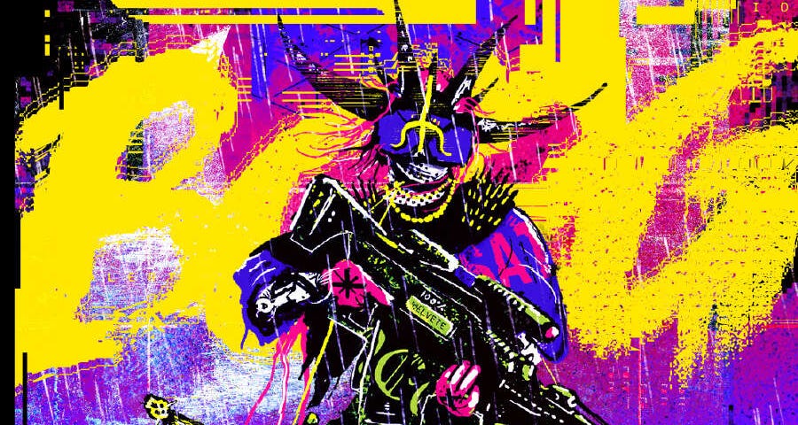 The cover Cy_Borg. The art is a nightmare of neon purple, yellow, and some pink. A punk, wearing robes and rags, carries a large block rifle with green accents. A great sword hand from their back. The punk stands in front of the yellow Cy_Borg logo, which takes up the top third of the cover. It is raining.