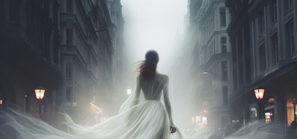 A woman in a white dress walking down on a foggy street.