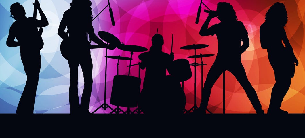 Rock band in silhouette against bright colors background