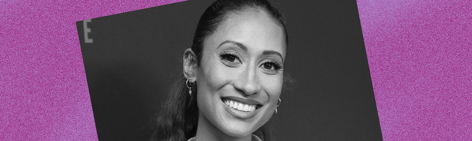 Black and white photo of Elaine Welteroth against a violet background.
