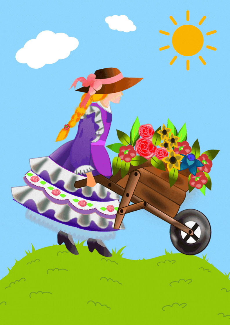 An animated graphic of a girl in an old-fashioned dress and bonnet pushing a wheelbarrow full of flowers as a bee buzzes around.