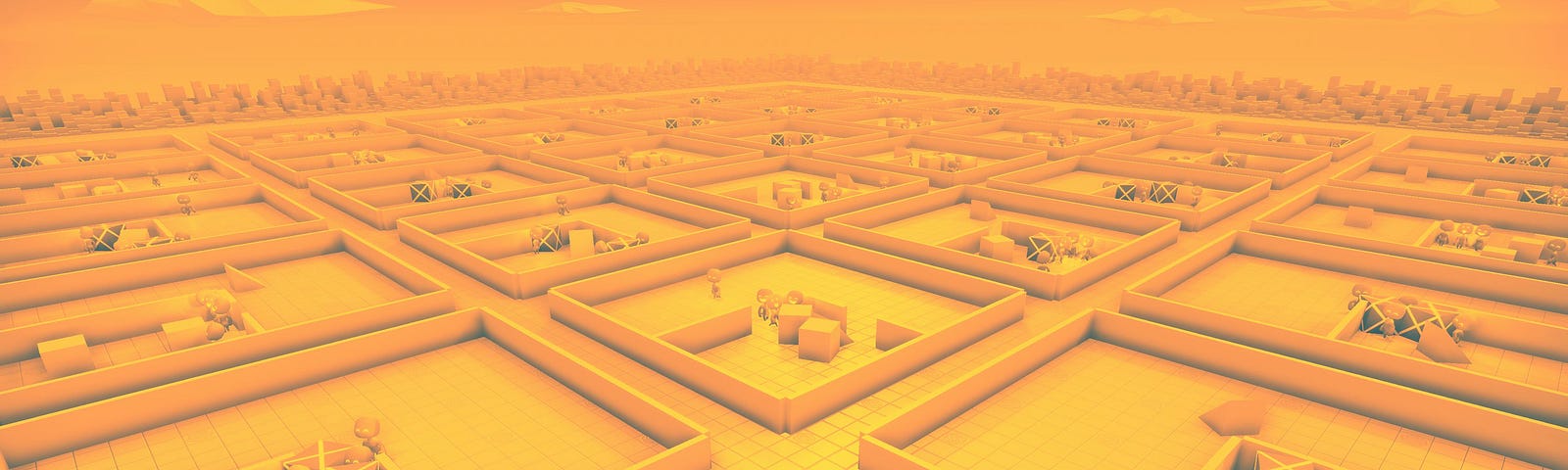 Many small orange robots in a huge square of short orange cubicle, moving orange boxes around.
