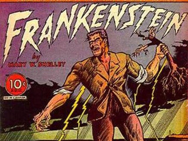 An old cover of a Classics Comic featuring Frankenstein, stomping up off of the beach of a town that is so small that it looks as if Frankenstein is over twenty feet tall. I’m not sure I remember that part of the Mary Shelley novel, do you?