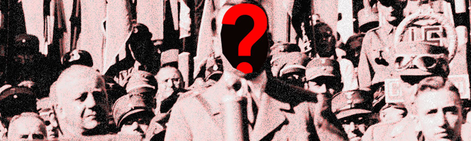 Still of a Youtube video of Hitler speaking at a rally, but with his face obscured by a black shape and a red question mark.