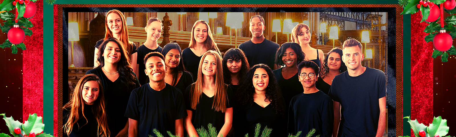 A choir of smiling diverse young adults surrounded by Christmas greenery