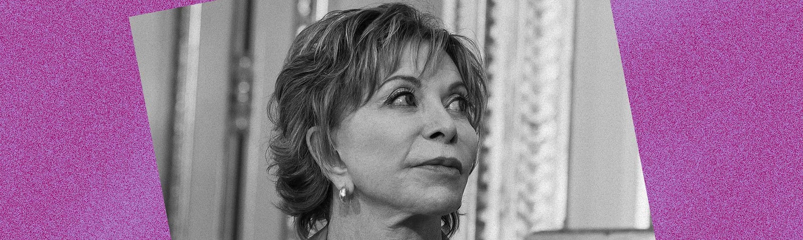 Black and white photo of Isabel Allende against a violet background.