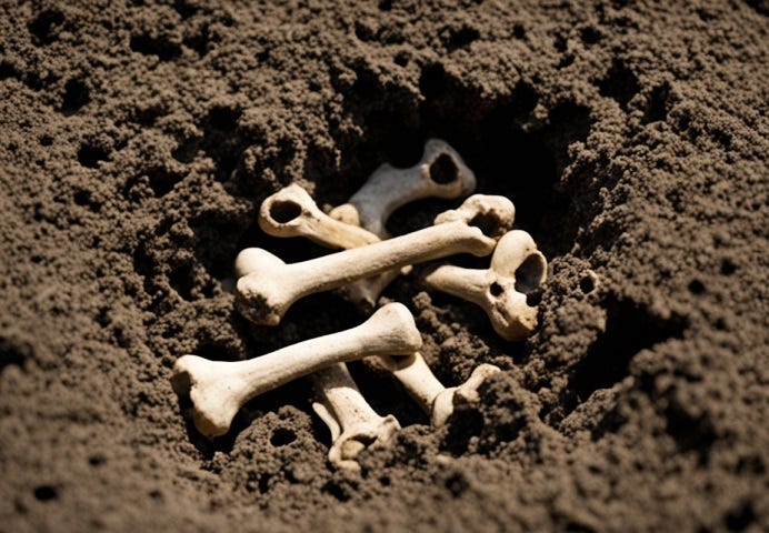 Picture of bones on the ground, half buried.
