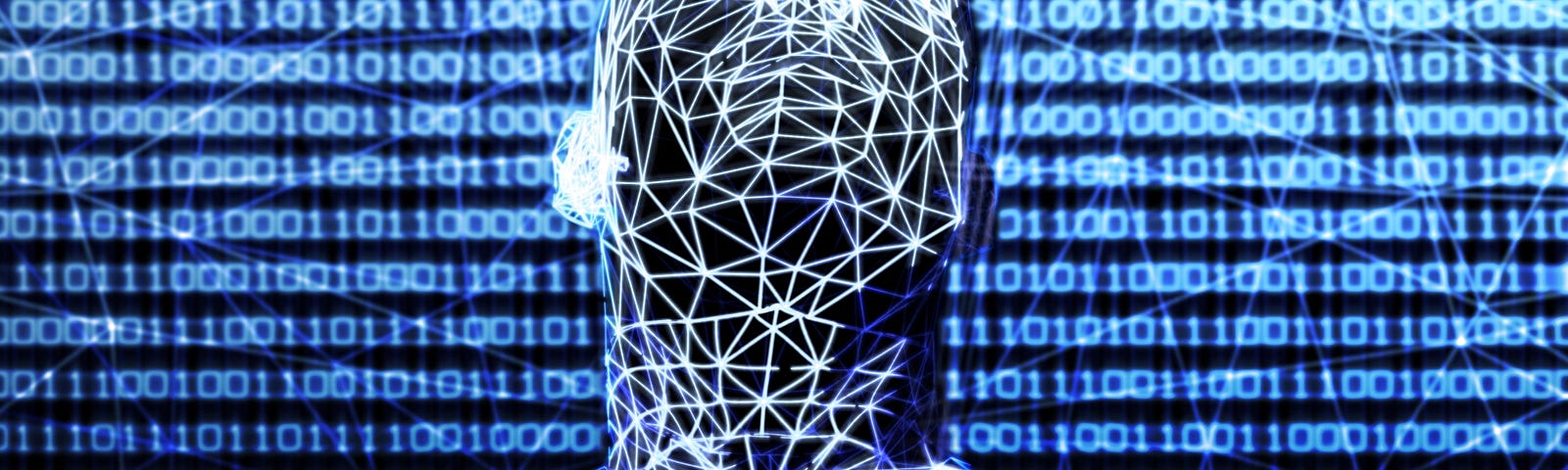 A wireframe superimposed over a person’s upper body, binary code projected on the wall in the background.