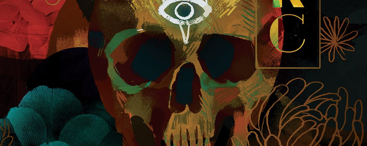 The book cover to ARC features a headshot of a woman with a skeletal head, but human sholders and chest, in the center. The skull is drawn in dark yellow with green features, and a white eye symbol on her forehead. Images of flowers, drawn in yellow, green, red, and gold float around her head. An image of an hourglass float near her neck. The word ARC is stenciled next to her head.