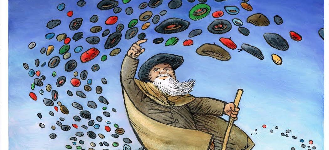 An illustration of a wizard-like figure with a cape and huge black beret, conjuring a swirling flock of multicoloured berets and caps