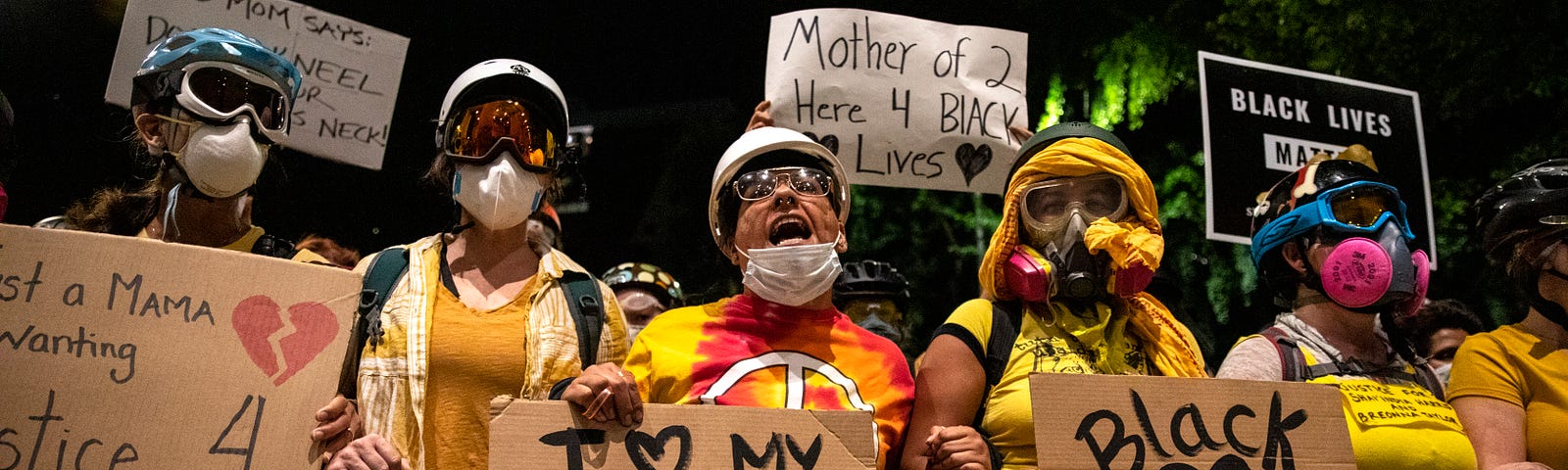 The wall of Moms protesting in front of the Mark O. Hatfield U.S. courthouse in Portland, Oregon on July 21, 2020.