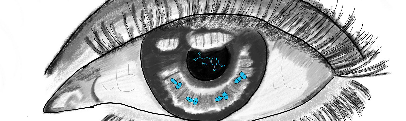 Black-and-white ketch of an eye with long lashes; tiny blue pills on the iris and a drug molecule on the pupil are the only source of color.